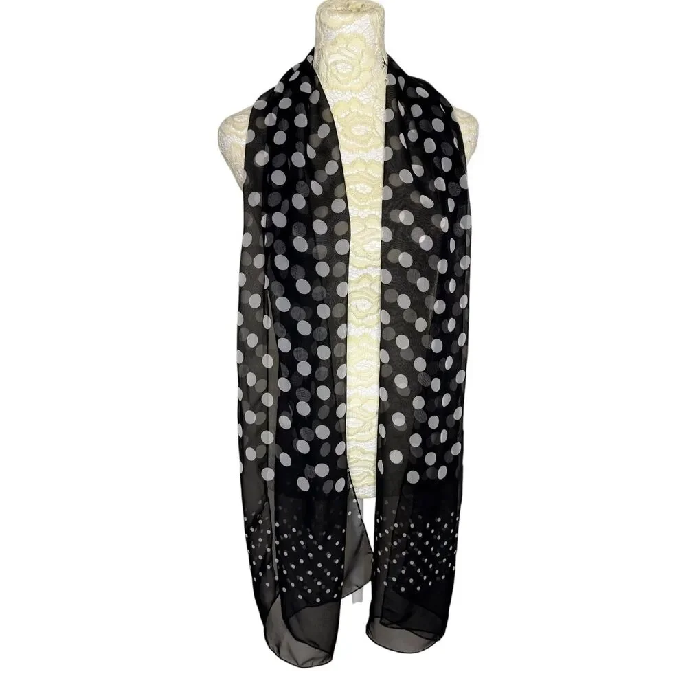 Liz Claiborne Sheer Scarf Polka Dot Black White Long Rectangle  20 x 70